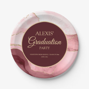 Pink Burgundy Gold Marble Agate Graduation Paper Plate
