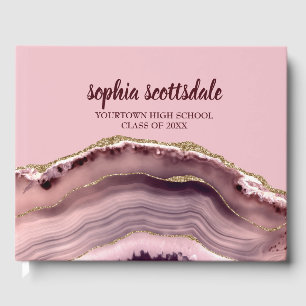 Pink Burgundy Gold Marble Agate Graduation Party Guest Book