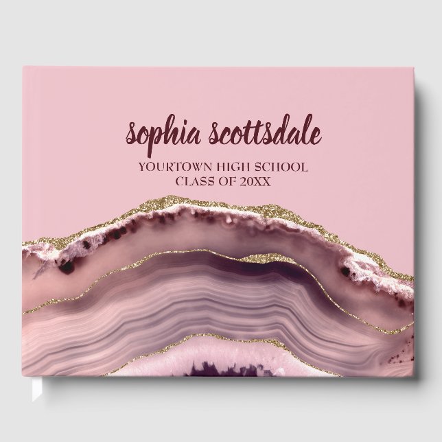 Pink Burgundy Gold Marble Agate Graduation Party Guest Book (Front)