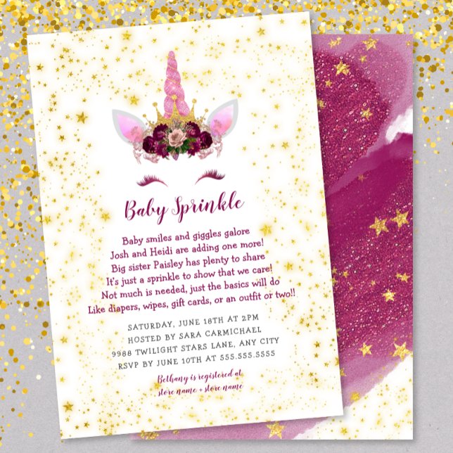 Pink Burgundy Gold Unicorn Baby Sprinkle Invitation (Creator Uploaded)