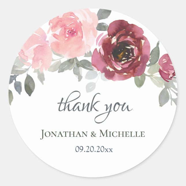 Pink Burgundy Grey Floral Thank You Wedding Classic Round Sticker (Front)