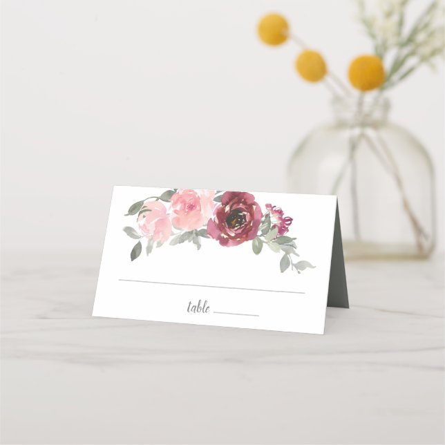 Pink Burgundy Grey Floral Watercolor Wedding Place Card (Front)
