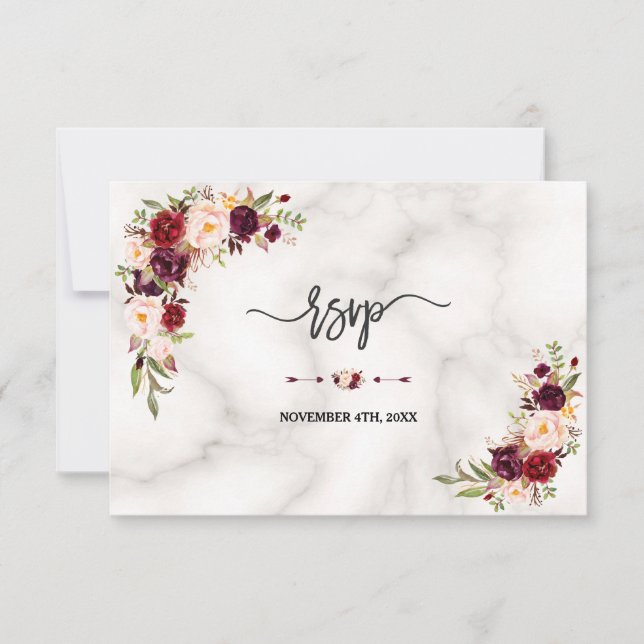 Pink Burgundy Marsala Floral Gold Marble Wedding RSVP Card (Front)
