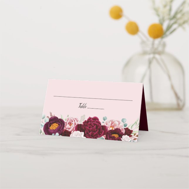 Pink Burgundy Marsala Watercolor Floral Place Card (Front)