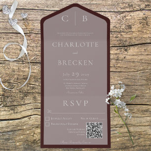 Pink & Burgundy Monogram Minimal QR Code All In One Invitation