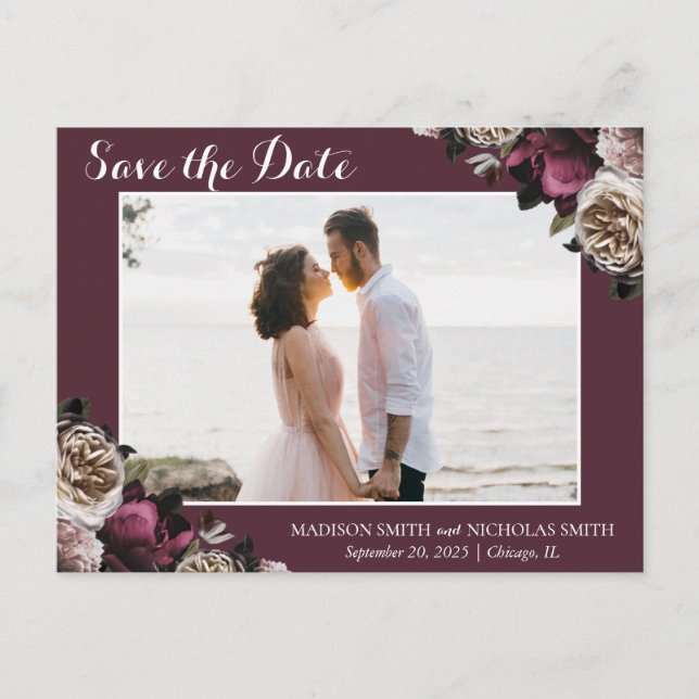 Pink Burgundy Moody Floral Save The Date Postcard (Front)