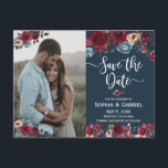 Pink Burgundy Navy Floral Save the Date Photo Announcement Postcard<br><div class="desc">Chich burgundy, marsala, navy painted watercolor roses, botanical blush floral arrangement wedding design with green leaves on navy blue background. Feature an elegant handwritten typography design with text „Save the Date” and one (1) vertical photo. Great choise for fall or winter weddings. #3339 If you need help or matching items,...</div>