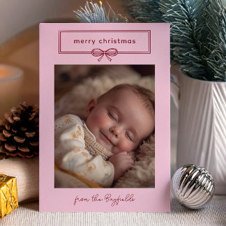 Pink & Burgundy Pretty Bow Photo Merry Christmas Holiday Card