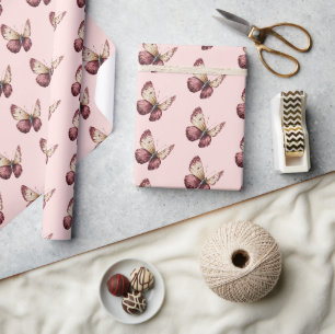 Pink Burgundy Red Cream Butterfly Birthday Wrapping Paper