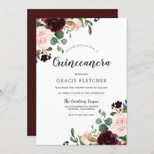 Pink & Burgundy Red Flowers Quinceanera Party Invitation