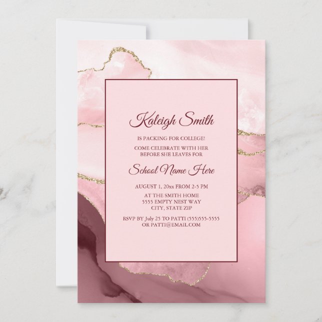 Pink Burgundy Red Marble Trunk Party Invite (Front)