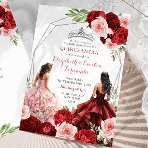 Pink Burgundy Red Twins Royal Princesses 15 Años Invitation