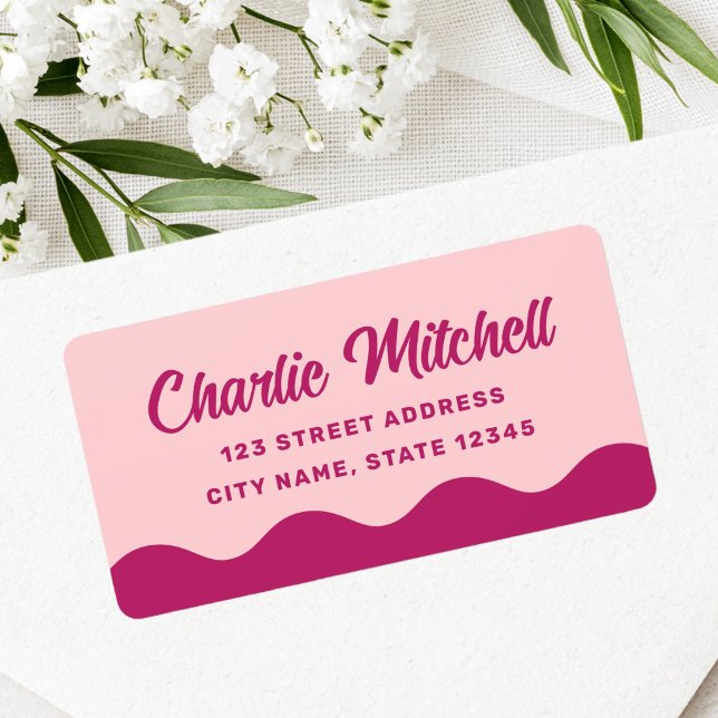 Pink burgundy retro wavy border return address label (Pink burgundy retro wavy border return address label)