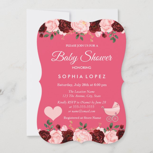 Pink & Burgundy Rose Girl Baby Shower Invitation (Front)
