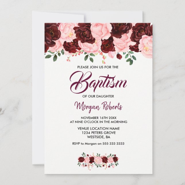 Pink & Burgundy Rose Girl Baptism Script Invite (Front)