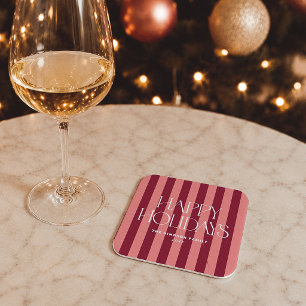 Pink & Burgundy Stripes Christmas Happy Holidays Square Paper Coaster