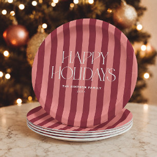 Pink & Burgundy Stripes Happy Holidays Christmas Paper Plate