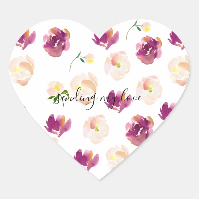 Pink Burgundy Watercolor Floral Heart Sticker (Front)