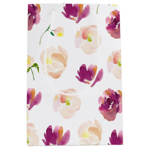 Pink Burgundy Watercolor Floral Medium Gift Bag