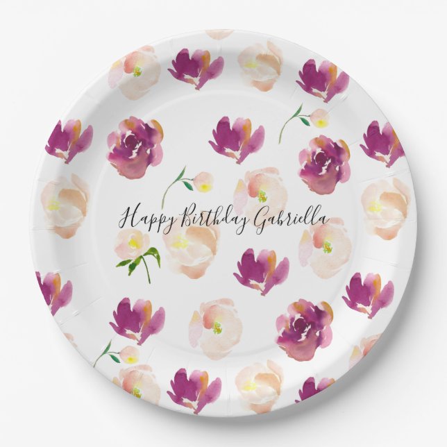 Pink Burgundy Watercolor Floral Paper Plate (Front)