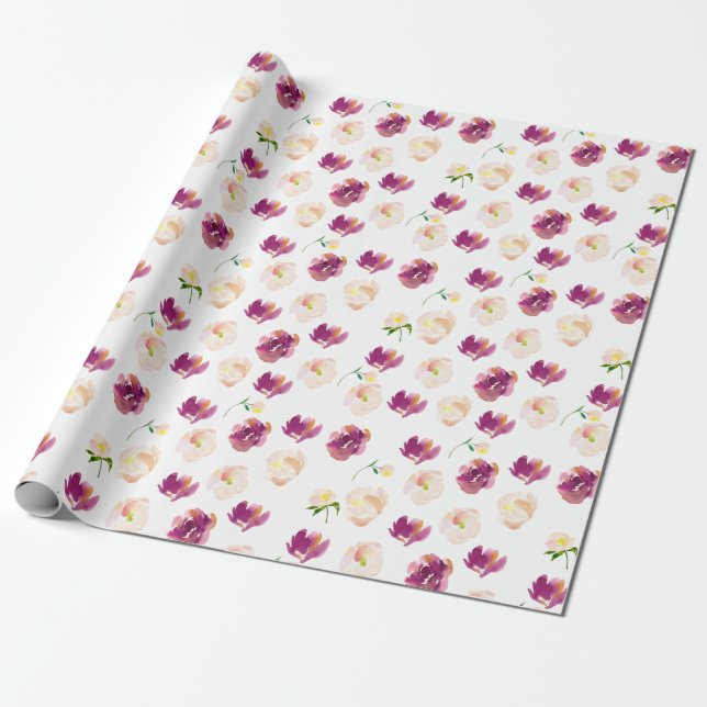 Pink Burgundy Watercolor Floral Wrapping Paper (Unrolled)