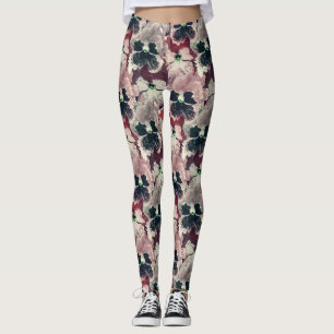 Pink, burgundy watercolor flowers leggings