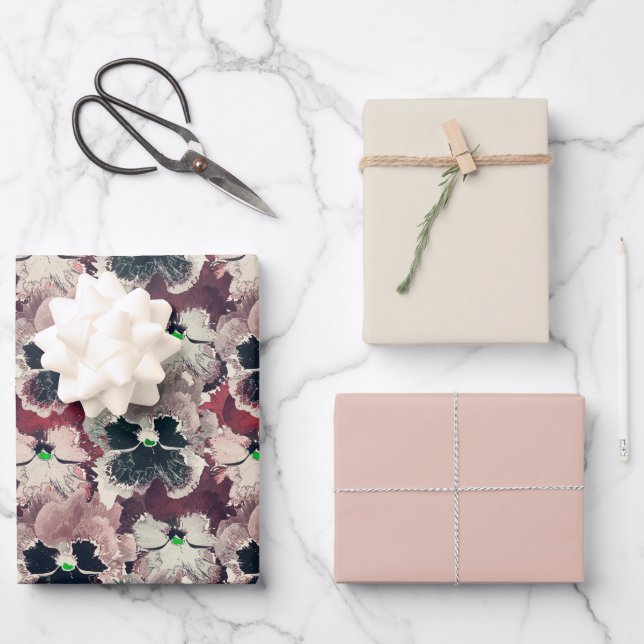 Pink, burgundy watercolor flowers  wrapping paper sheet (Front)