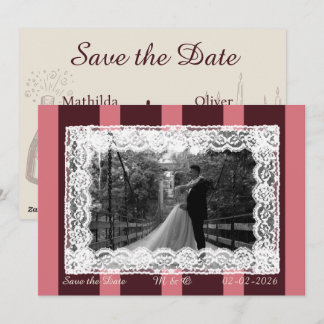 Pink &Burgundy Wide Stripe Vintage Lace Invitation