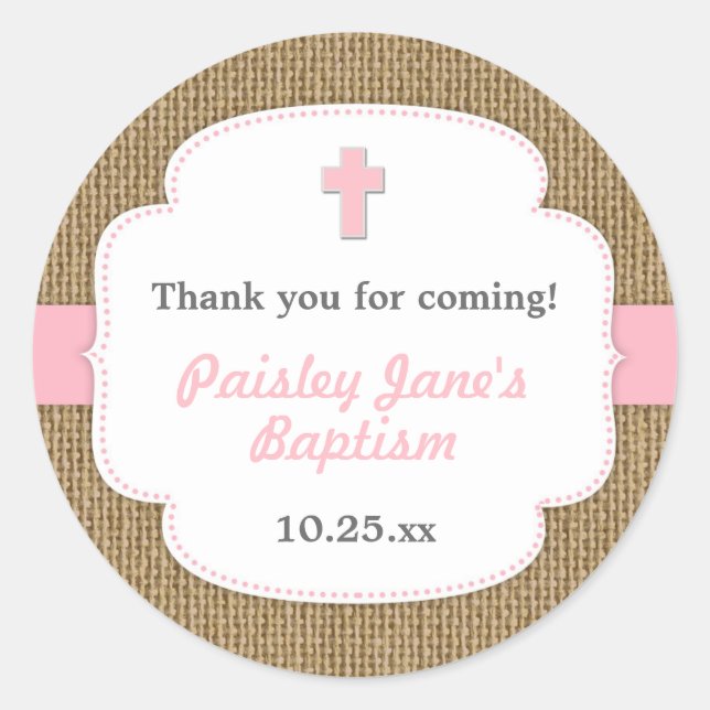 Pink Burlap cross girl baptism christening favour Classic Round Sticker (Front)