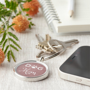 Pink Burlap Dog Mum Metal Keychain