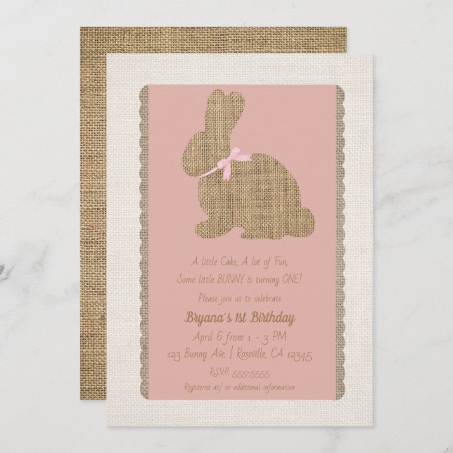 Pink & Burlap Rustic Bunny Easter 1st Birthday Invitation (Front/Back)