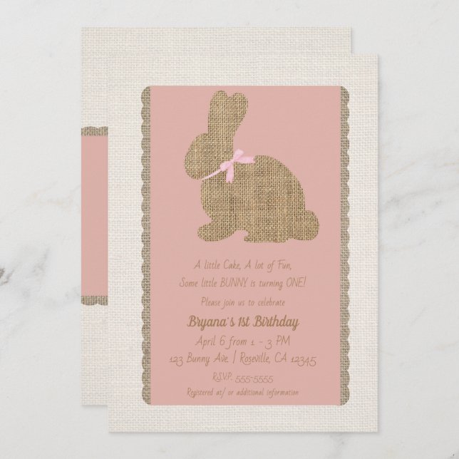 Pink & Burlap Rustic Bunny Easter 1st Birthday Invitation (Front/Back)