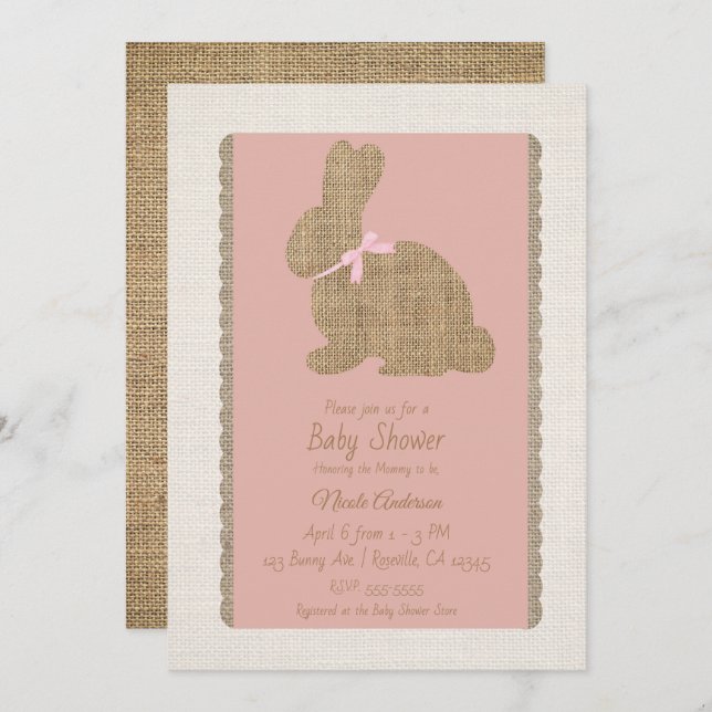 Pink & Burlap Rustic Bunny Easter Baby Shower Invitation (Front/Back)