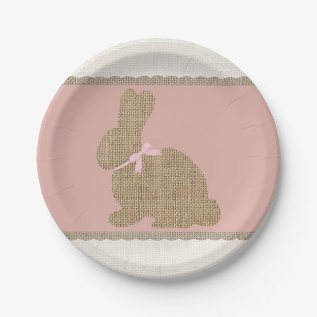 Pink & Burlap Rustic Bunny Easter Baby Shower Paper Plate (Front)