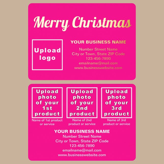 Pink Business Brand on Christmas Rectangle (Pink business brand with products or services on Christmas rectangle foil holiday card.)