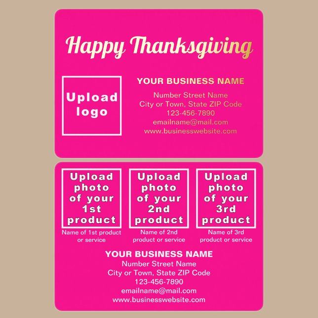 Pink Business Brand on Thanksgiving Rectangle (Pink business brand with products or services on Thanksgiving rectangle foil holiday card.)