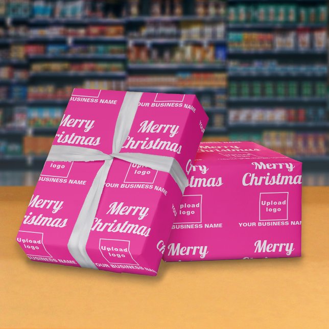 Pink | Business | Christmas Wrapping Paper (Business name and logo with Merry Christmas greeting on pink wrapping paper)