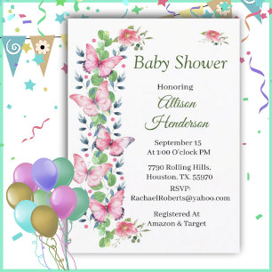 Pink Butterfies And Ivy Baby Shower  Invitation