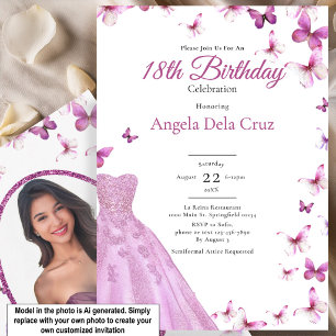 Pink Butterflies And Dress 18th Birthday Debut Invitation