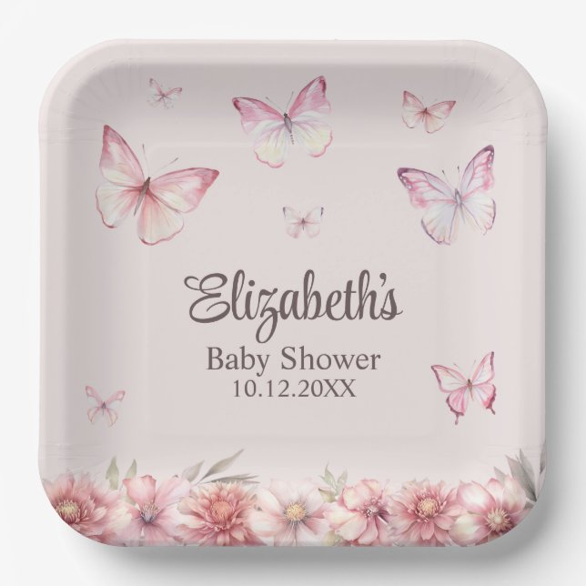 Pink Butterflies and Flowers Baby Shower  Paper Plate (Front)