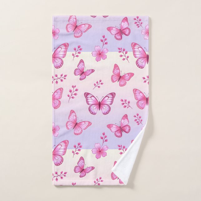 Pink butterflies and flowers pattern hand towel (Hand Towel)