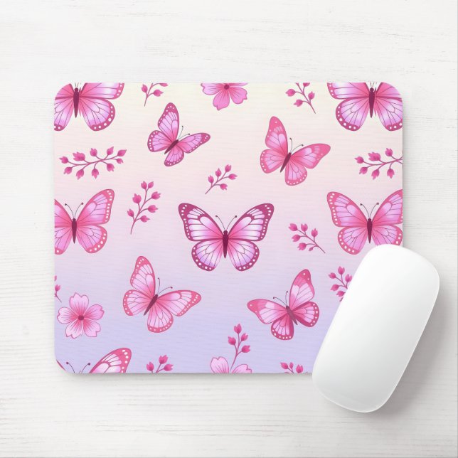 Pink butterflies and flowers pattern mouse pad (With Mouse)