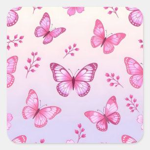 Pink butterflies and flowers pattern square sticker