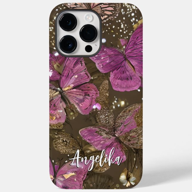 Pink Butterflies and Flowers Personalised Name Case-Mate iPhone Case (Back)