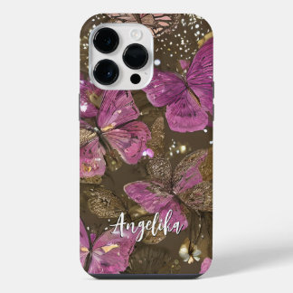 Pink Butterflies and Flowers Personalised Name iPhone 14 Pro Max Case