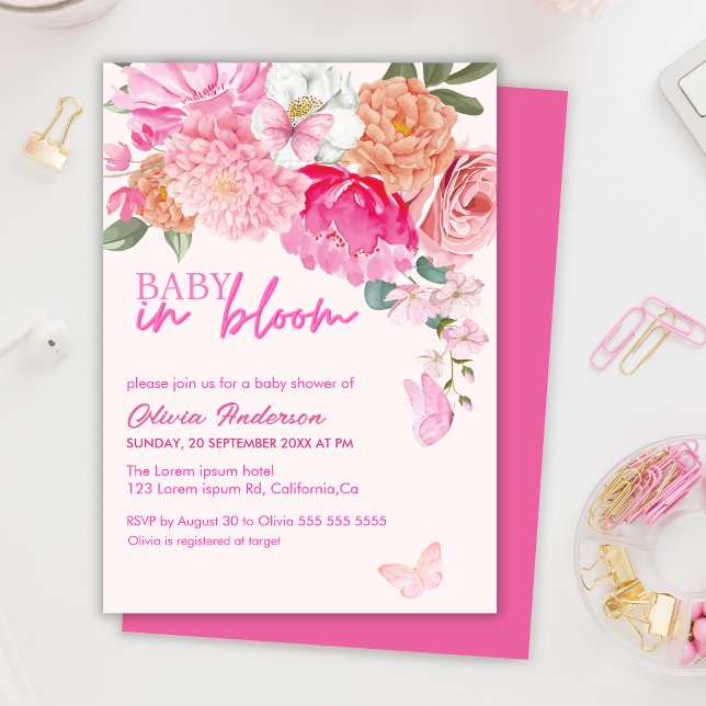 Pink Butterflies Baby in Bloom floral Baby Shower Invitation (Creator Uploaded)
