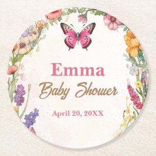Pink Butterflies Baby Shower Floral Garden Round Paper Coaster