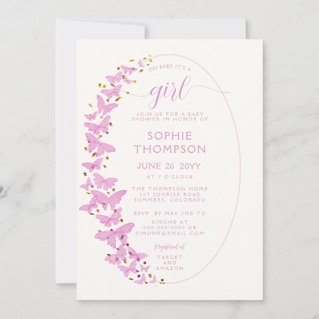 Pink Butterflies Boho Frame Gold Girl Baby Shower Invitation (Front)