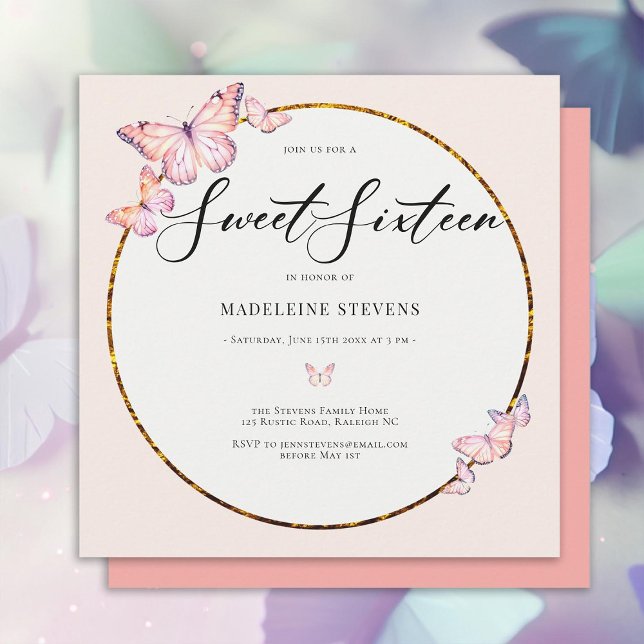 Pink Butterflies Boho Gold Frame Girly Sweet 16 Invitation (pink butterflies gold boho frame sweet sixteen birthday invitation girly trendy chic)
