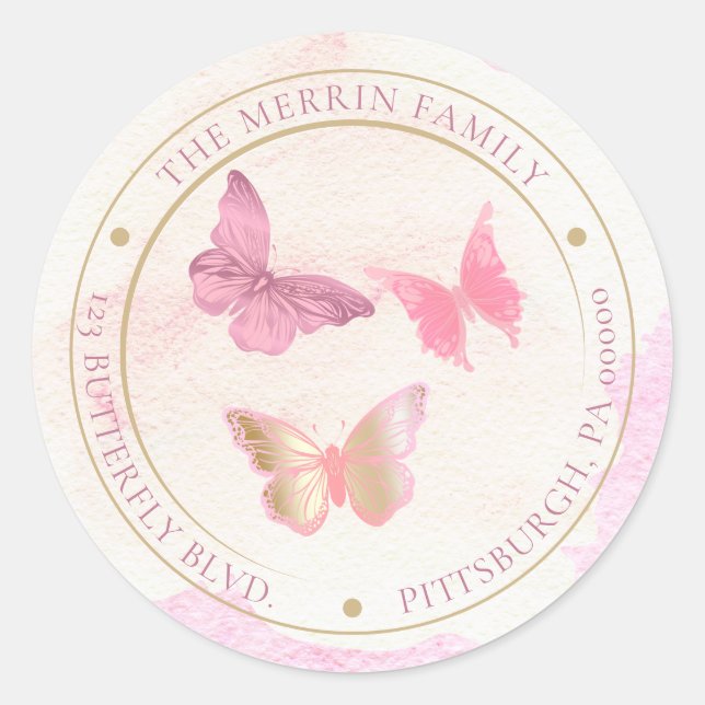 Pink Butterflies Circle Return Address Classic Round Sticker (Front)